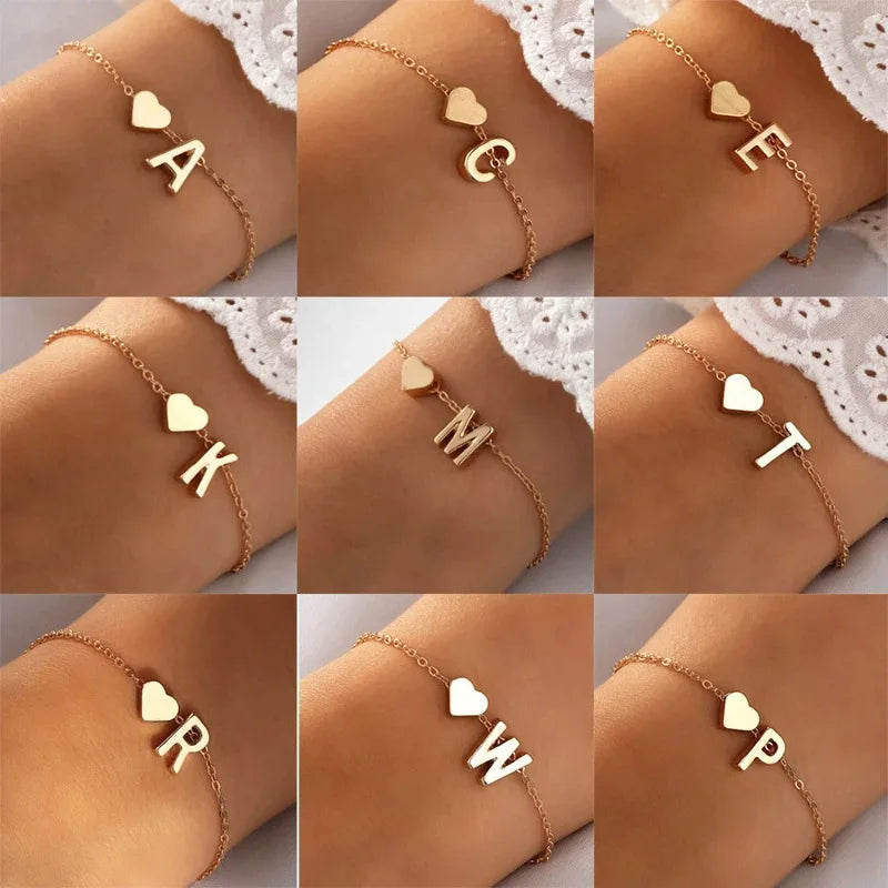 26 Letters Fashion English Initial Letter Heart Bracelet DIY Personalized Name Bracelets Girls Women Anniversary Jewelry Gifts